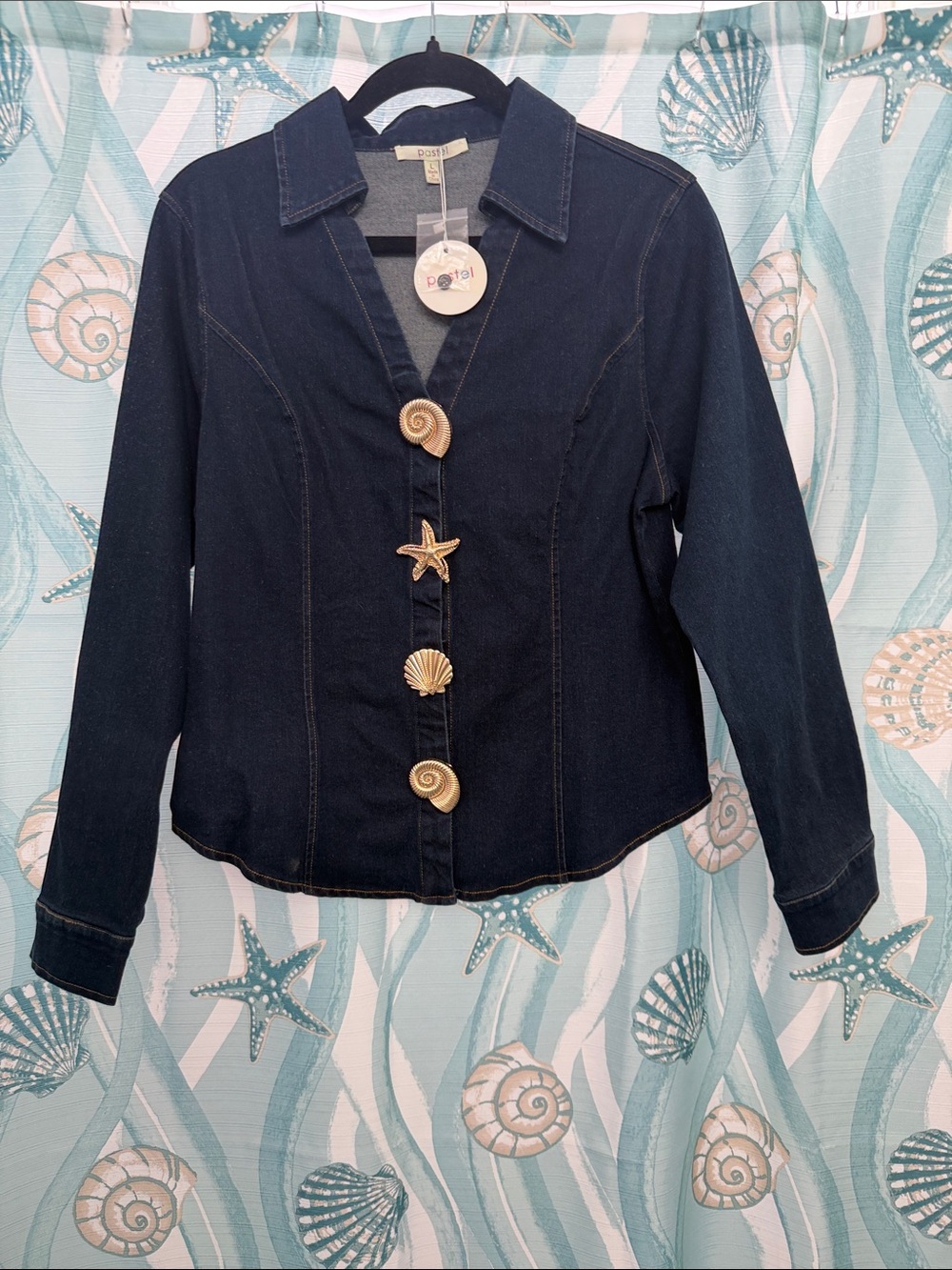 Pastels Dark Blue Denim Jacket with Nautical Shell Buttons